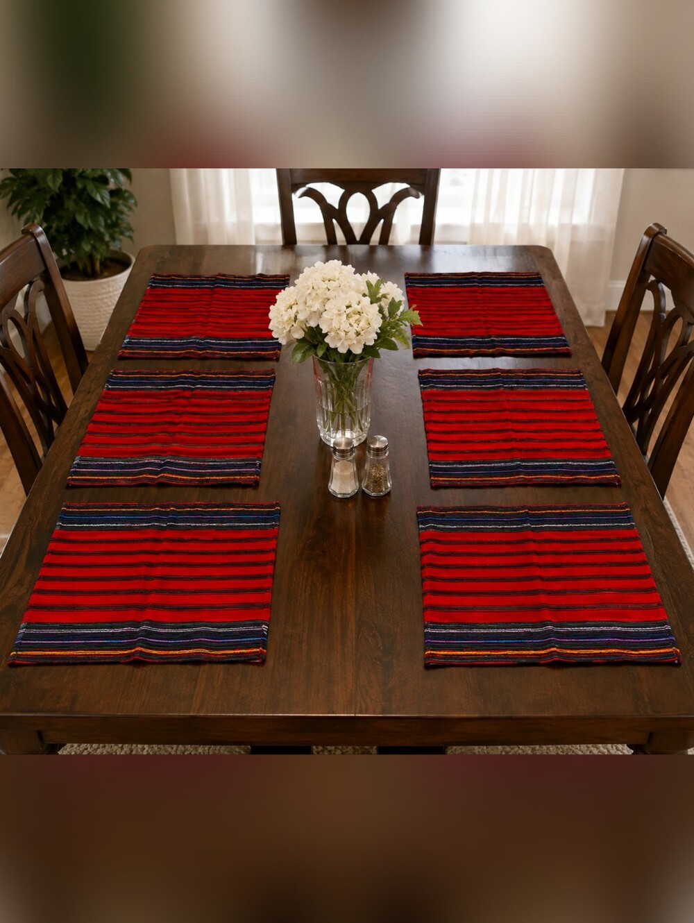 6 Woven Red Stripe Multicolor Rectangular Placemats.